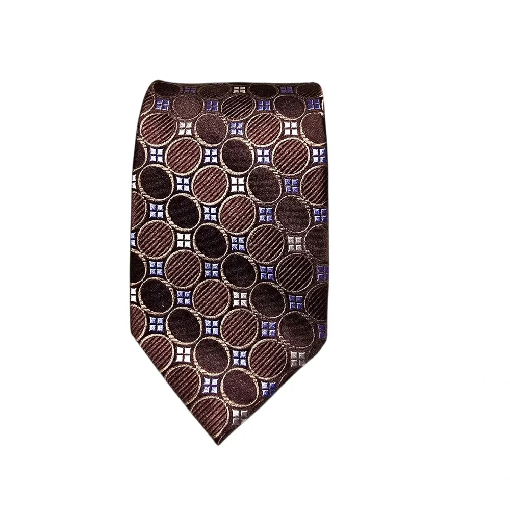Michael Kors Silk Luxury Tie Black Blue Tan Brown Geometric Circles Men‎ Necktie
